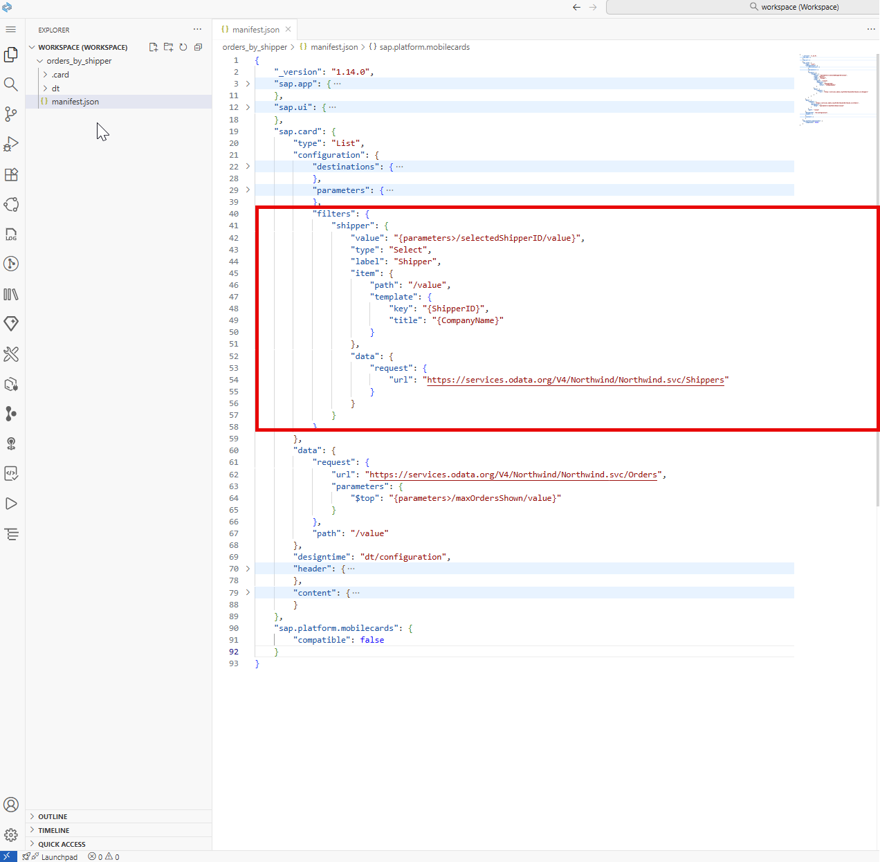 Image depicting manifest.json file - add filters section
